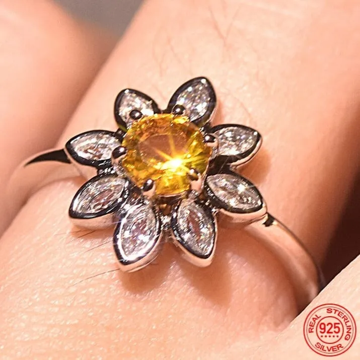 Glamour Yellow Sunflower CZ Citrine Ring - 925 Sterling Silver