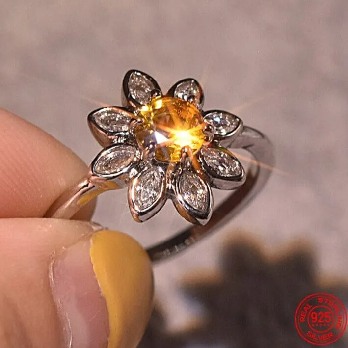 Glamour Yellow Sunflower CZ Citrine Ring - 925 Sterling Silver