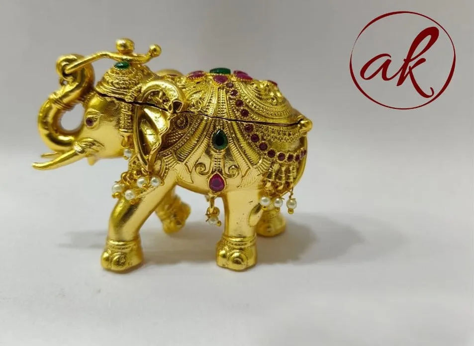 Golden Elephant , Exclusive   Designer Elephant in  Gold Finish Kumkum Dabbi for Gifting-SHYAM001E