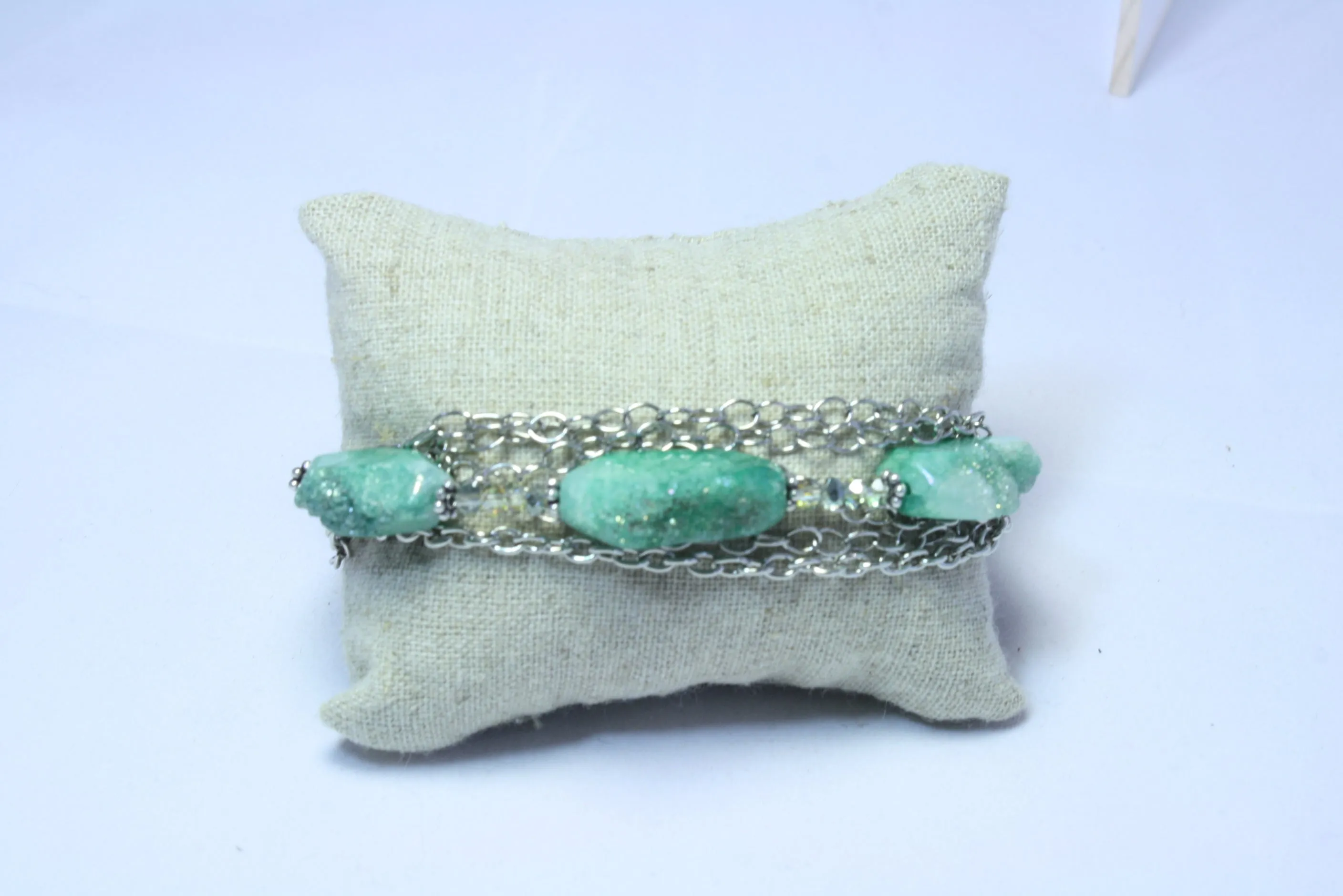 Green Druzy Multi Silver Chain Wrap Bracelet