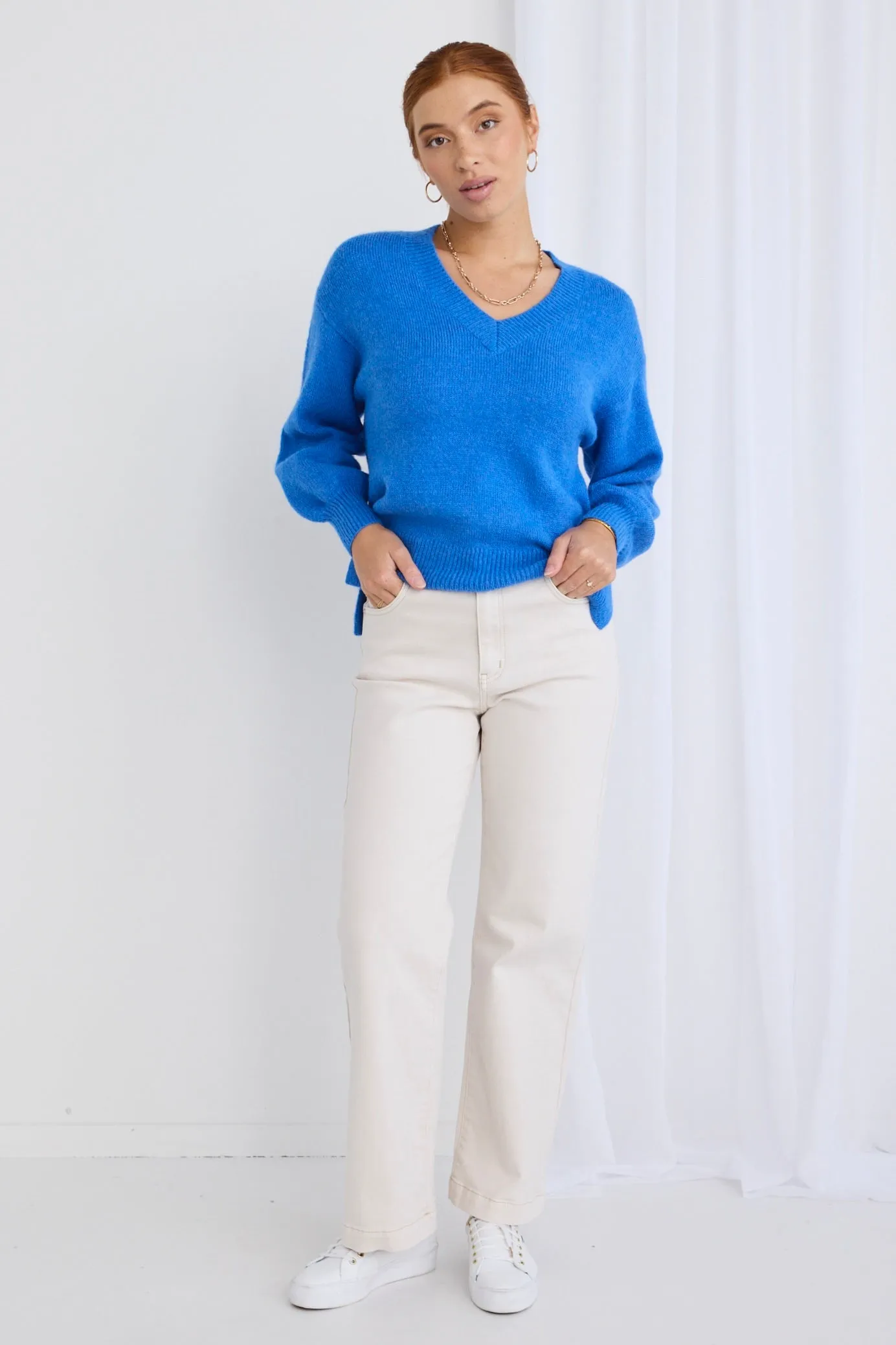 Harvest Azure Blue V Neck Knit Jumper