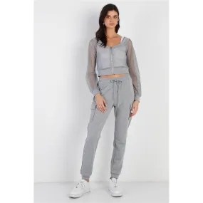 Heather Grey Contrast Fishnet Zip-up Top & Pants Set