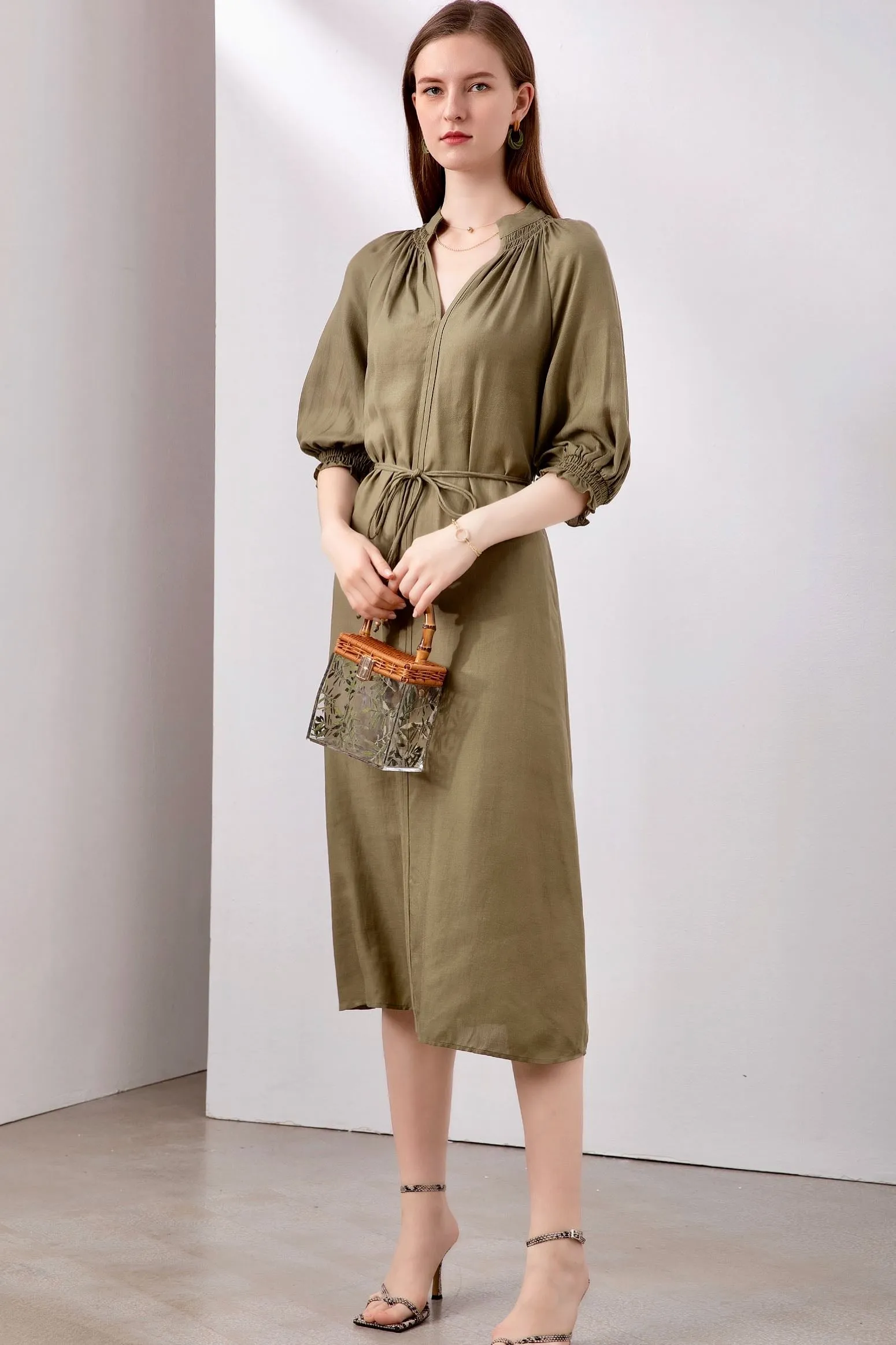 Jane Linen Midi Dress - Khaki