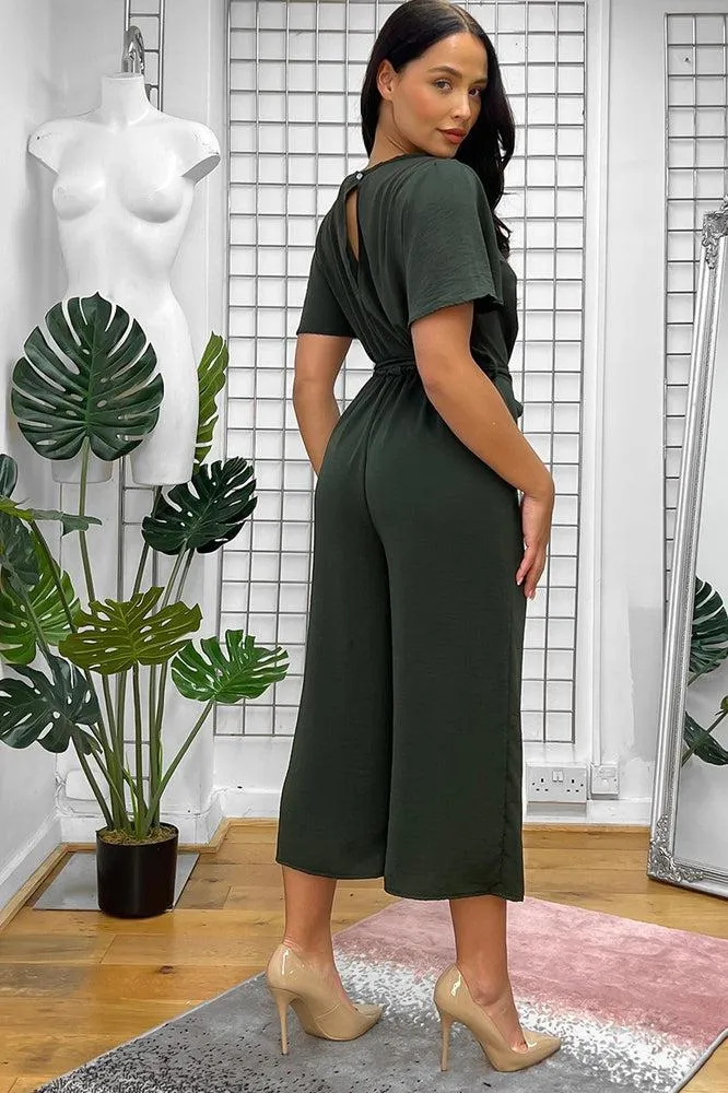 Khaki Fixed Wrap Cropped Leg Jumpsuit