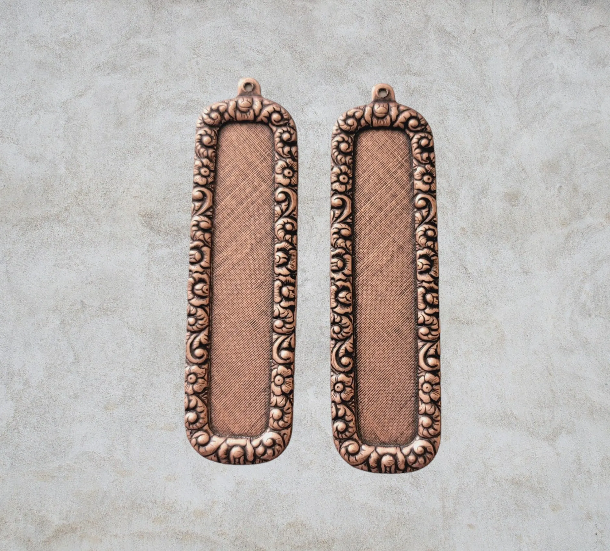 Large Oxidized Copper Ornate Rectangle Bezel Frame Charms x 2 - 2885RCOSG