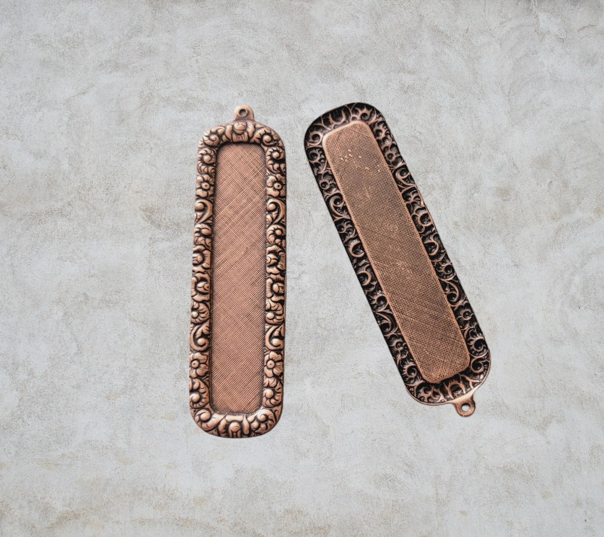 Large Oxidized Copper Ornate Rectangle Bezel Frame Charms x 2 - 2885RCOSG