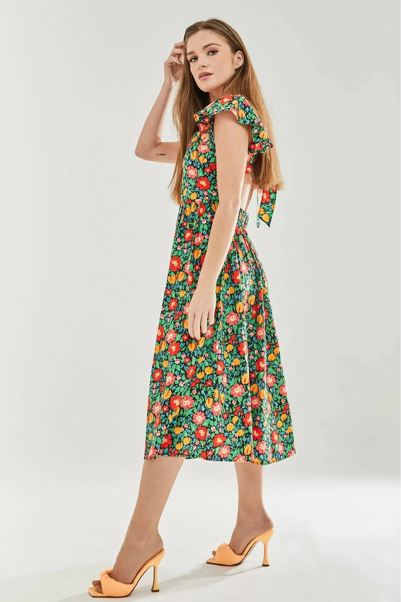 Liquorish Floral Print Cut Out Back Midi Dress