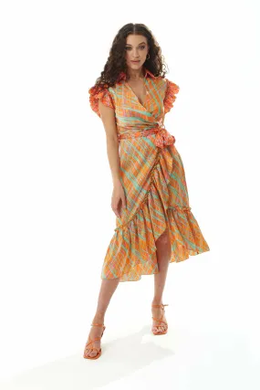 Liquorish Orange Scribble Print Midi Wrap Dress With Frill