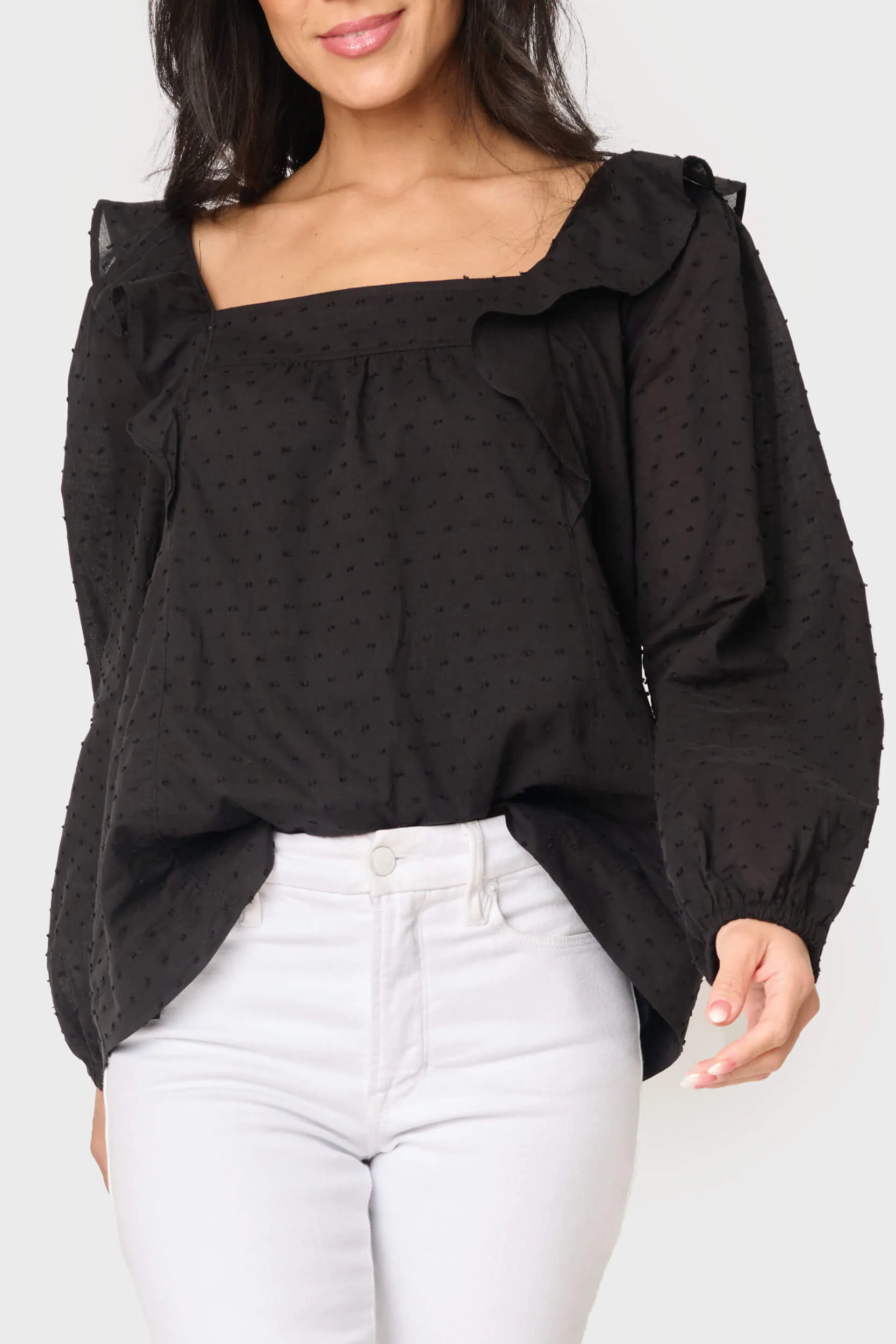 Long Sleeve Square Neck Ruffle Blouse