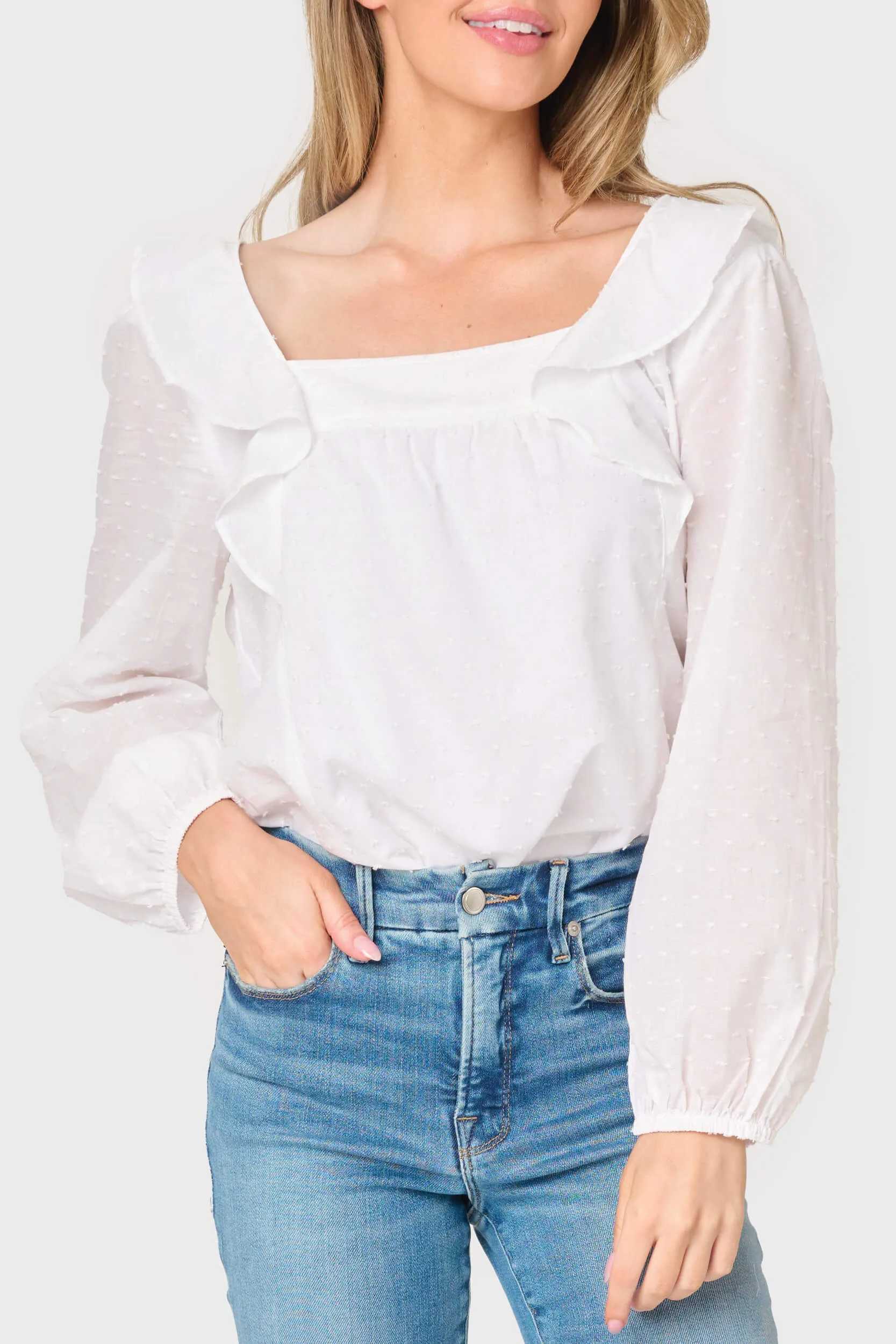 Long Sleeve Square Neck Ruffle Blouse