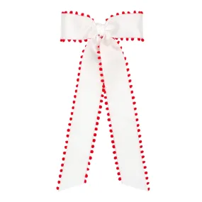 Medium Pom Edge Bow with Knot & Tails on Clippie - White