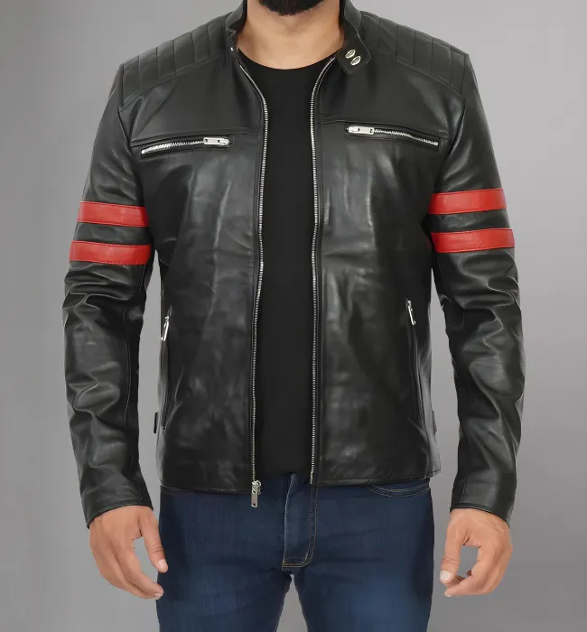 Mens Black Quilted Red Stripe Cafe Racer Leather Motorcycle Jacket