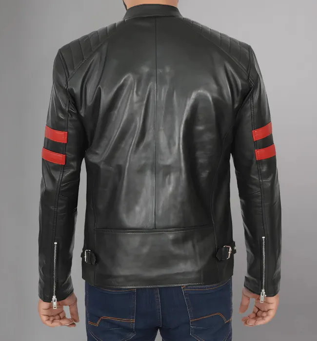 Mens Black Quilted Red Stripe Cafe Racer Leather Motorcycle Jacket