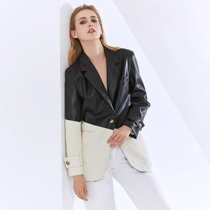 Patchwork PU Leather Blazer Women - Casual - Patchwork