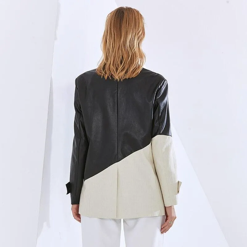 Patchwork PU Leather Blazer Women - Casual - Patchwork