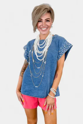 Pearl Embellished Denim Top