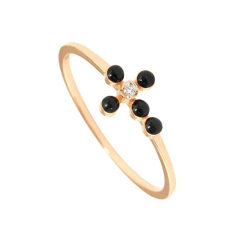 Pearled Cross Diamond Black Ring, Rose Gold, Size 6.75