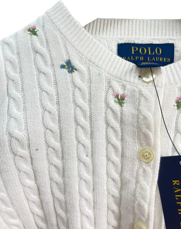 Polo Ralph Lauren White 100% Cotton Cable Knit Cardigan With Embroidered Logo And Flowers BNWT 3 Years