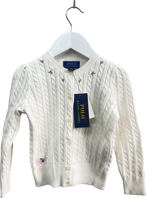 Polo Ralph Lauren White 100% Cotton Cable Knit Cardigan With Embroidered Logo And Flowers BNWT 3 Years