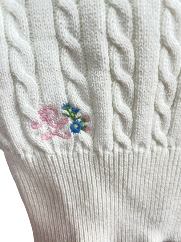 Polo Ralph Lauren White 100% Cotton Cable Knit Cardigan With Embroidered Logo And Flowers BNWT 3 Years