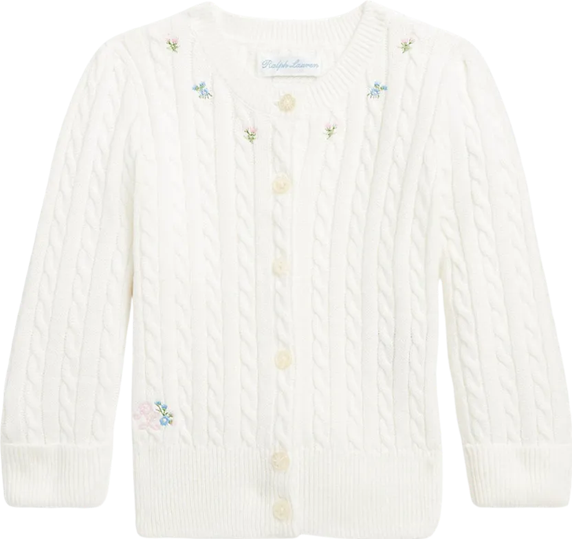 Polo Ralph Lauren White 100% Cotton Cable Knit Cardigan With Embroidered Logo And Flowers BNWT 3 Years