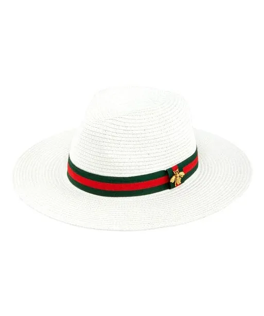 Red & Green Stripe Band Straw Hat with Bee- White