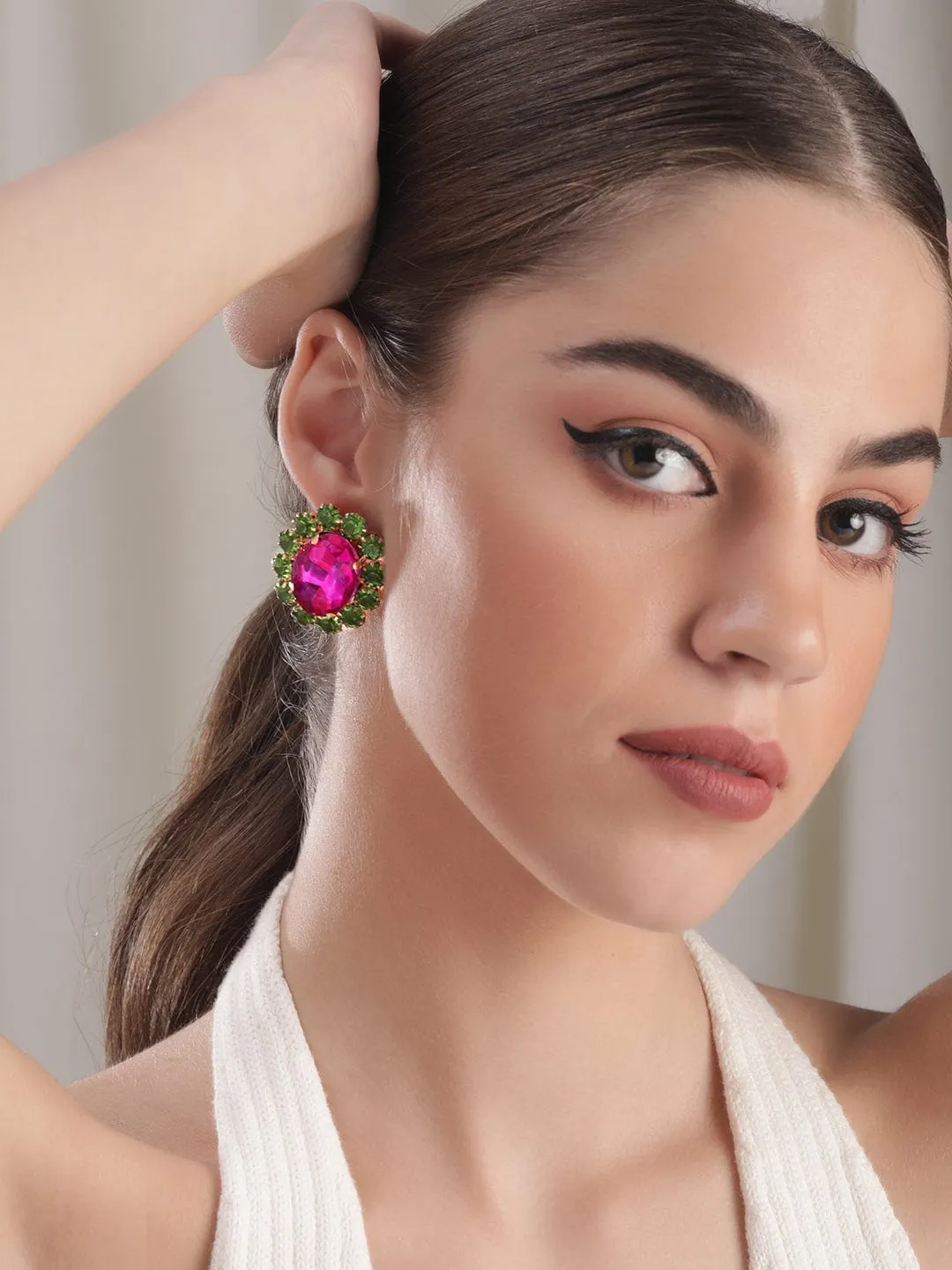 Rubans Voguish Enchanting Blossoms: Pink and Green AD Stud Earrings