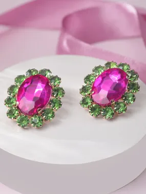 Rubans Voguish Enchanting Blossoms: Pink and Green AD Stud Earrings