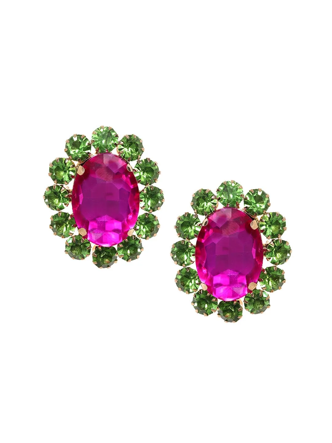 Rubans Voguish Enchanting Blossoms: Pink and Green AD Stud Earrings