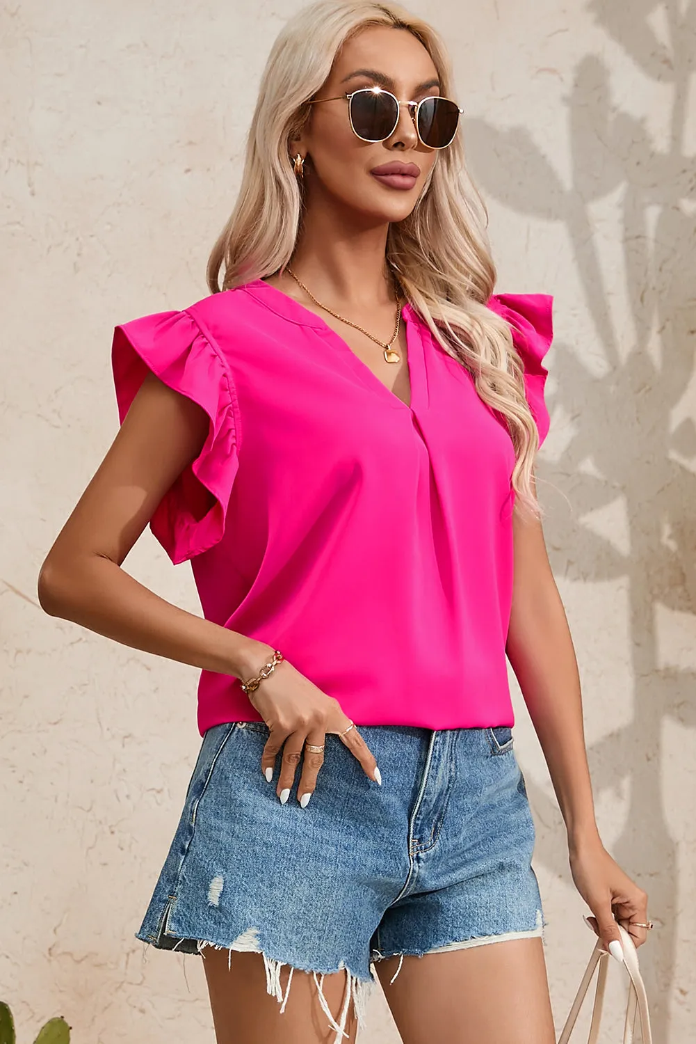 Ruffled Notched Cap Sleeve Blouse