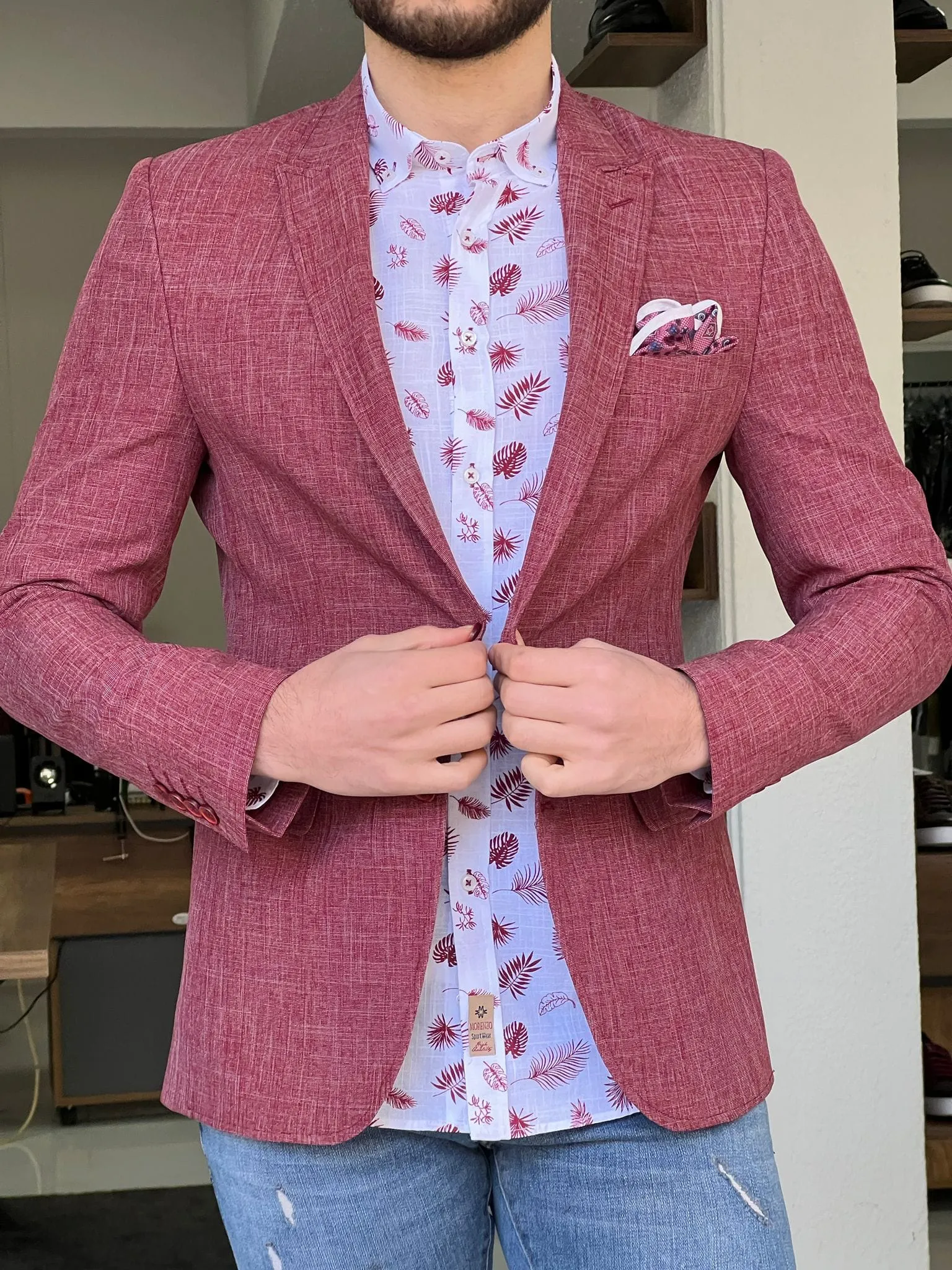 Slim Fit Self-Patterned Red Cotton Jacket