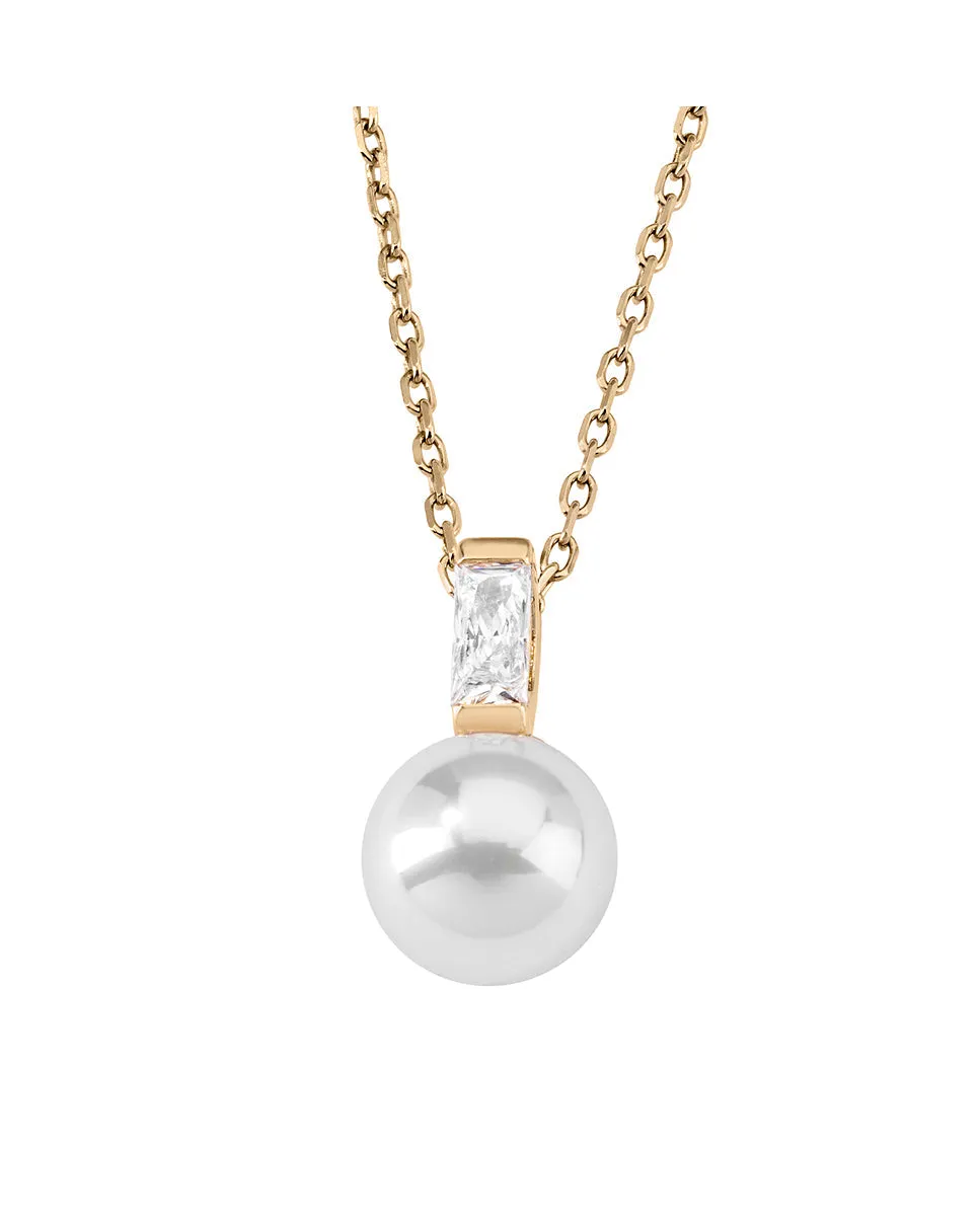 Sterling Silver Gold Plated Pendant Necklace for Women with White Round Pearl and Zirconia, 10mm Round Pearl, 18.9 Chain Length, Selene   Collection