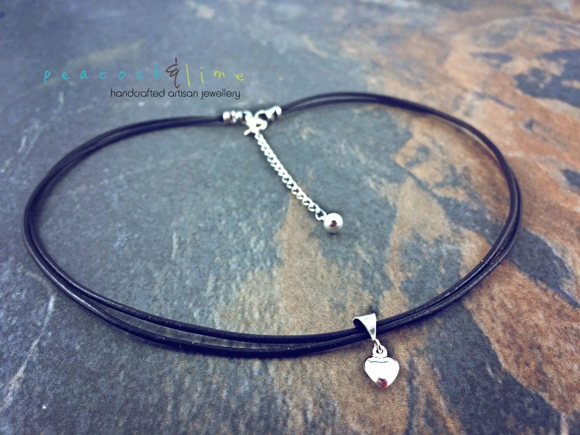 sterling silver puffy heart charm leather choker necklace // wrap bracelet