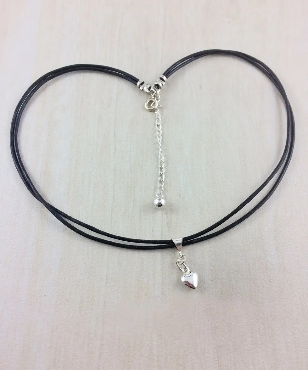 sterling silver puffy heart charm leather choker necklace // wrap bracelet