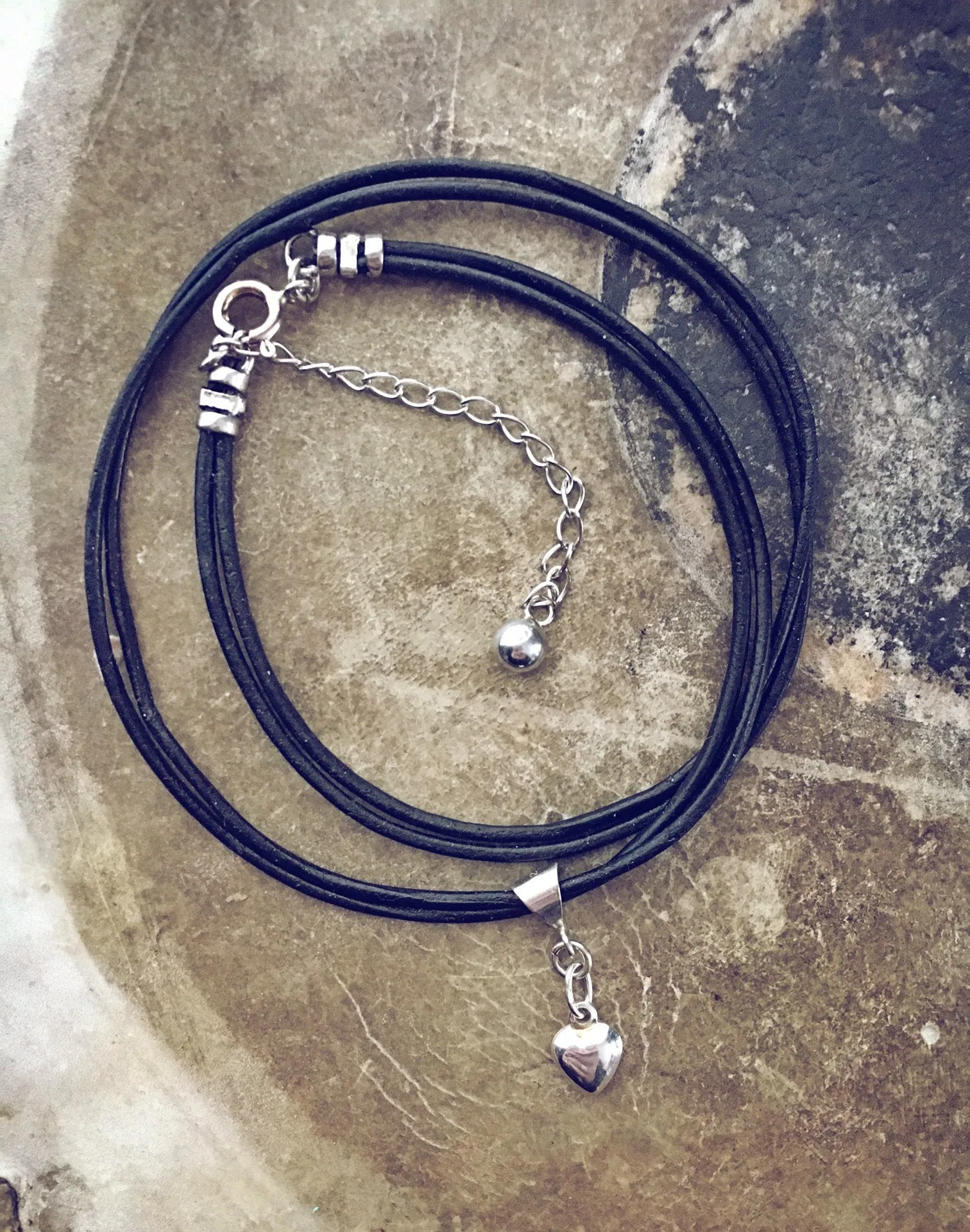 sterling silver puffy heart charm leather choker necklace // wrap bracelet