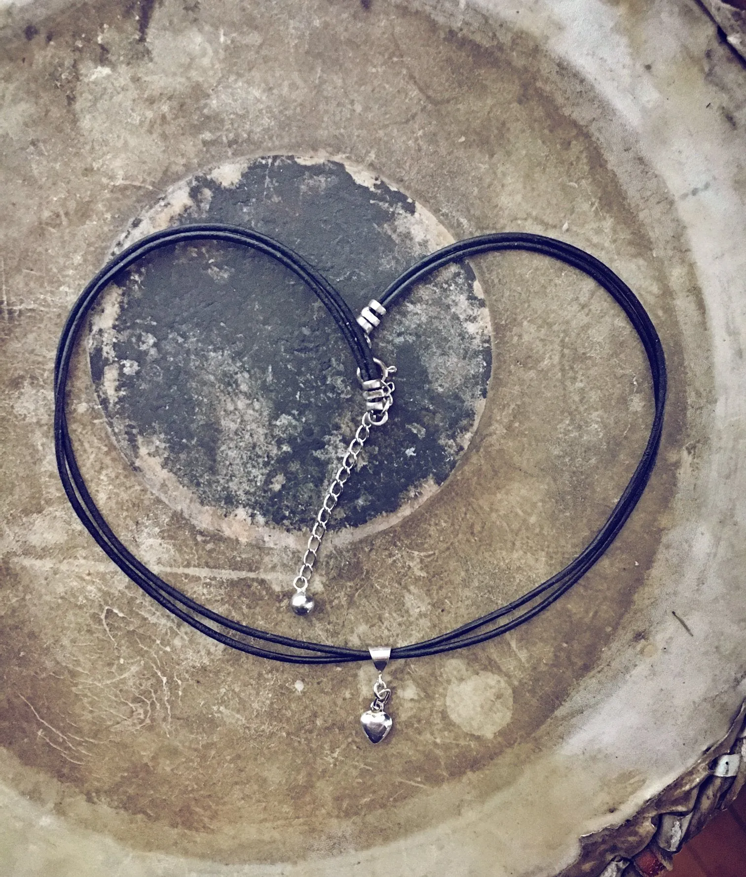 sterling silver puffy heart charm leather choker necklace // wrap bracelet