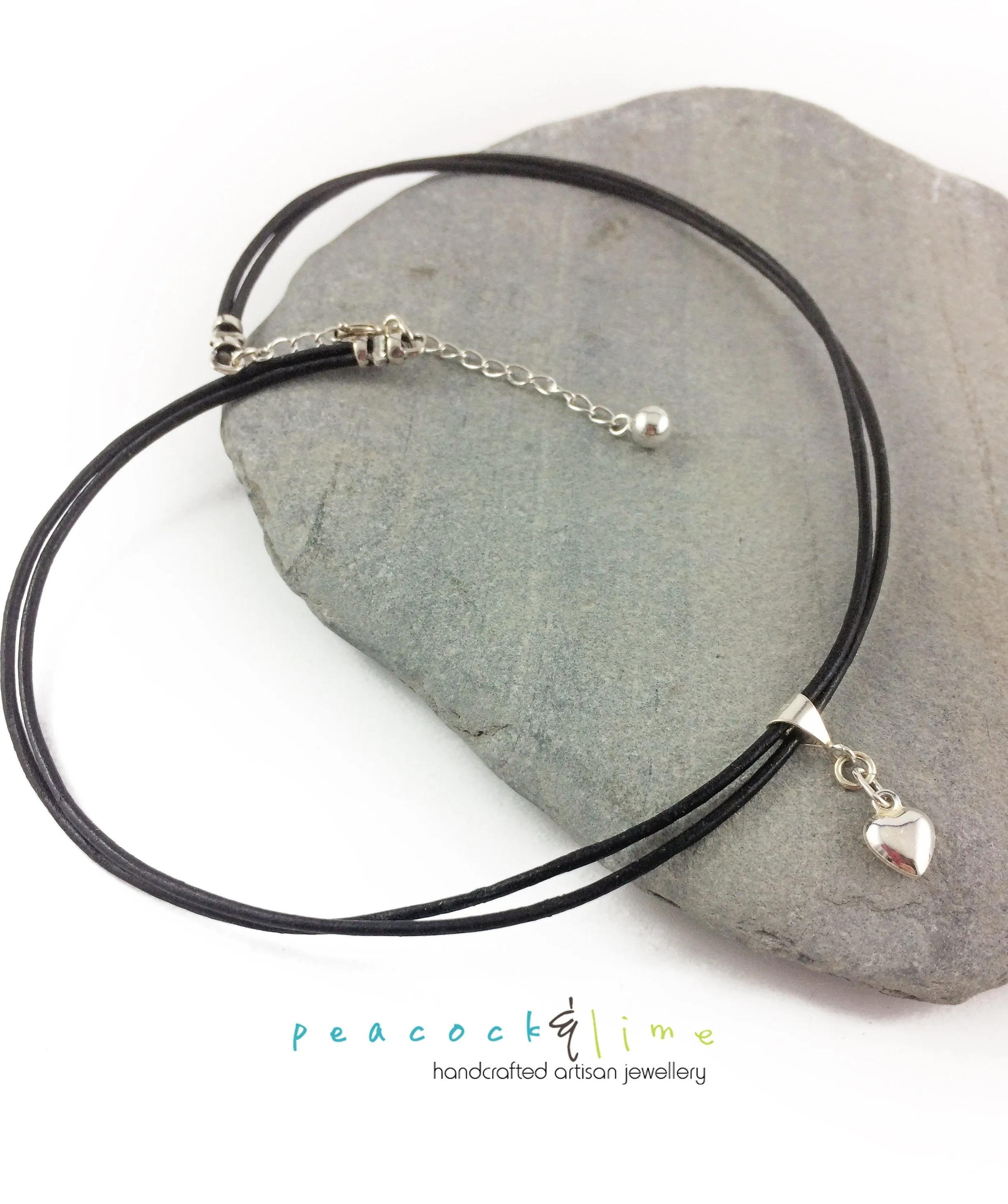 sterling silver puffy heart charm leather choker necklace // wrap bracelet