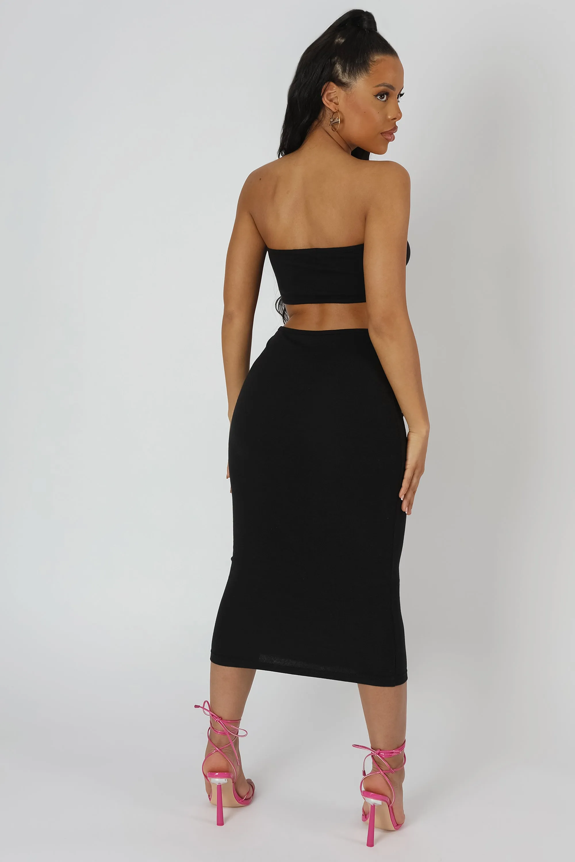 STRAPLESS BANDEAU CUT OUT DETAIL MIDI DRESS BLACK