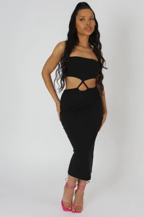 STRAPLESS BANDEAU CUT OUT DETAIL MIDI DRESS BLACK