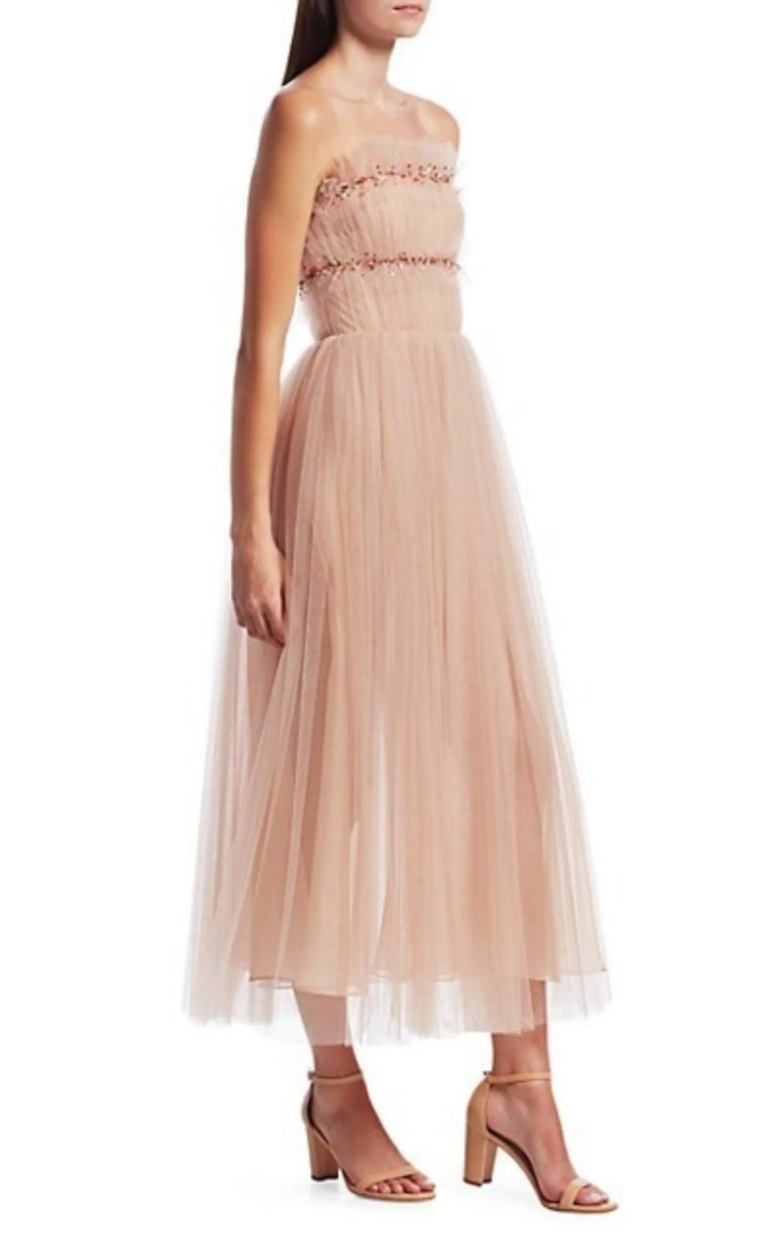 Strapless Ruched Tulle Midi Cocktail Dress