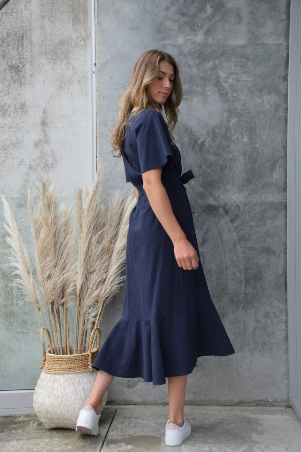 Striking Flutter Sleeve Navy Cross Over Linen Blend Midi Dress