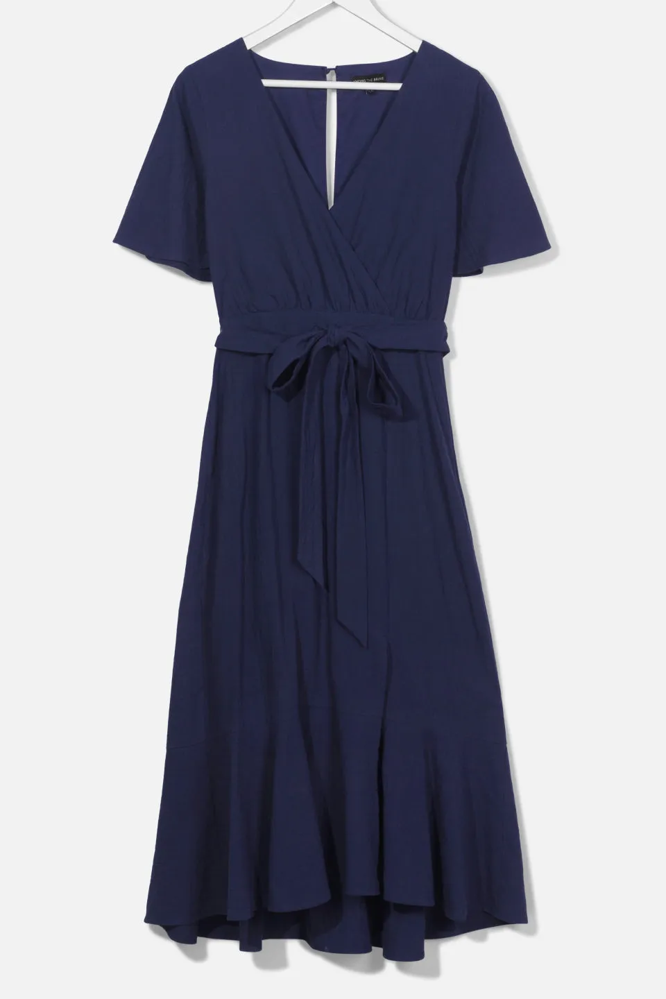 Striking Flutter Sleeve Navy Cross Over Linen Blend Midi Dress