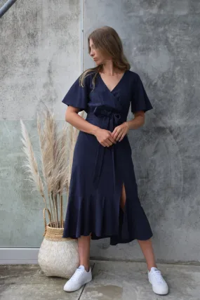 Striking Flutter Sleeve Navy Cross Over Linen Blend Midi Dress