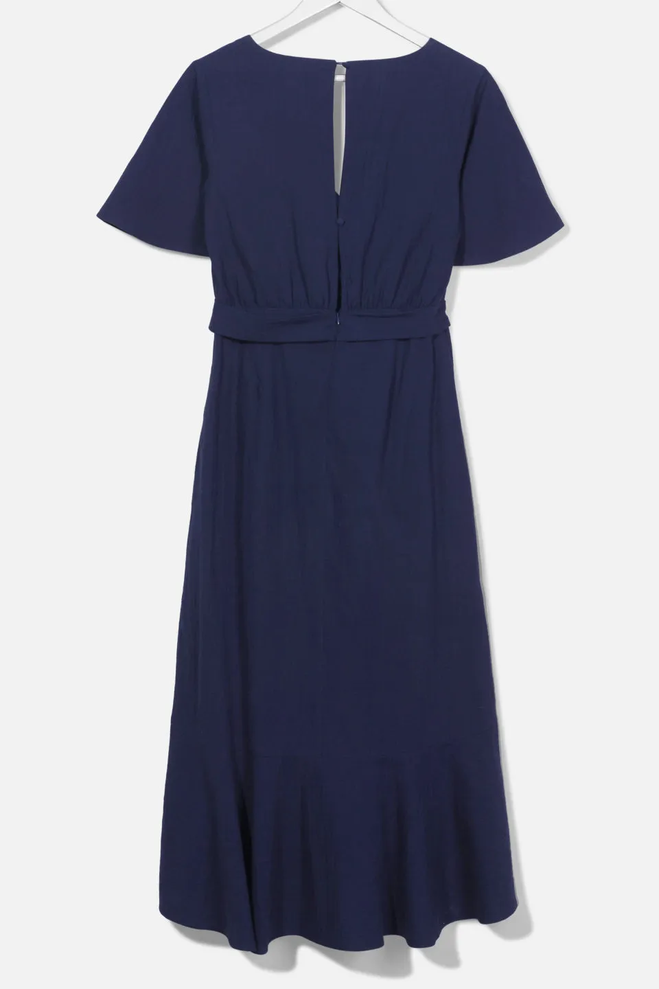 Striking Flutter Sleeve Navy Cross Over Linen Blend Midi Dress