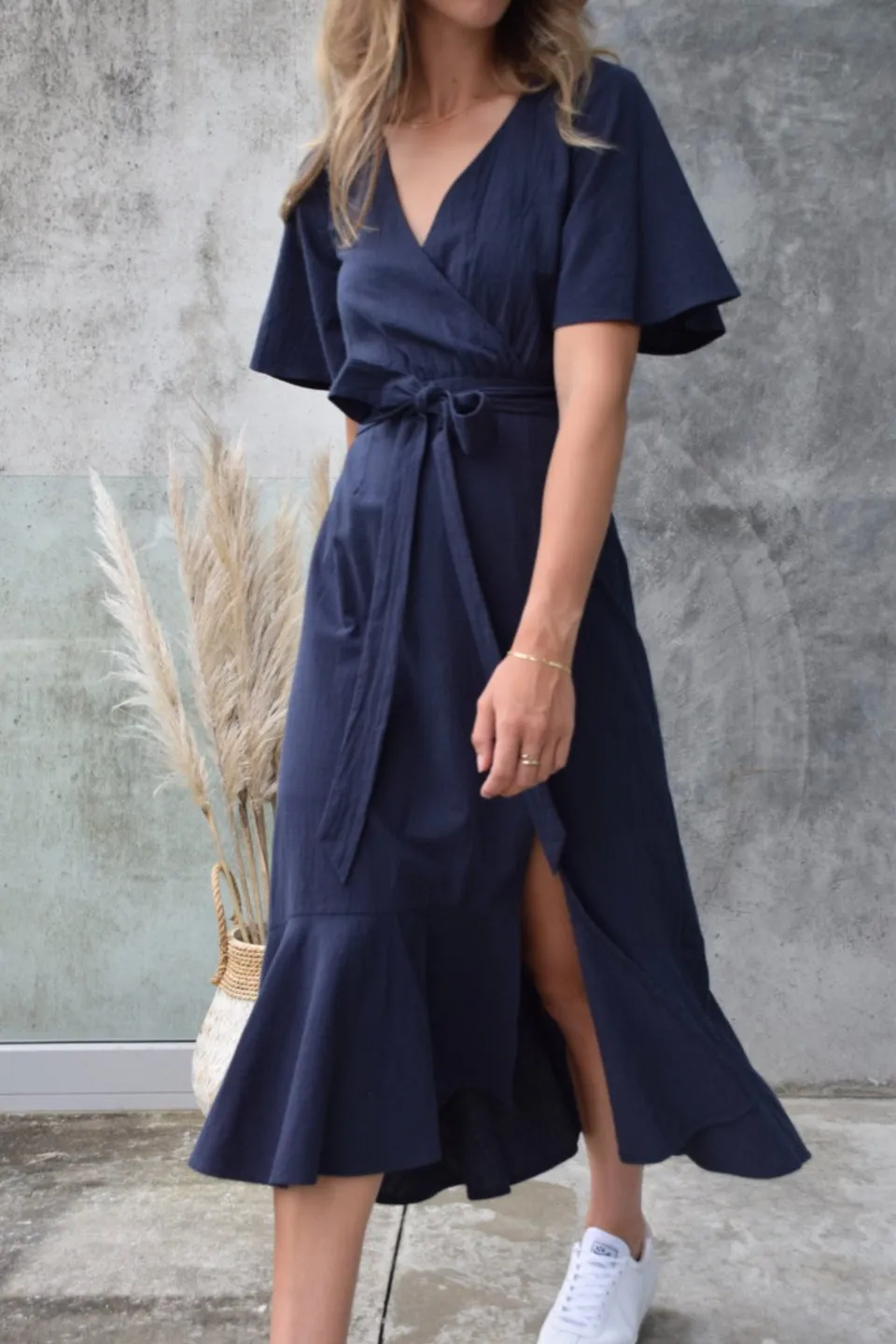 Striking Flutter Sleeve Navy Cross Over Linen Blend Midi Dress