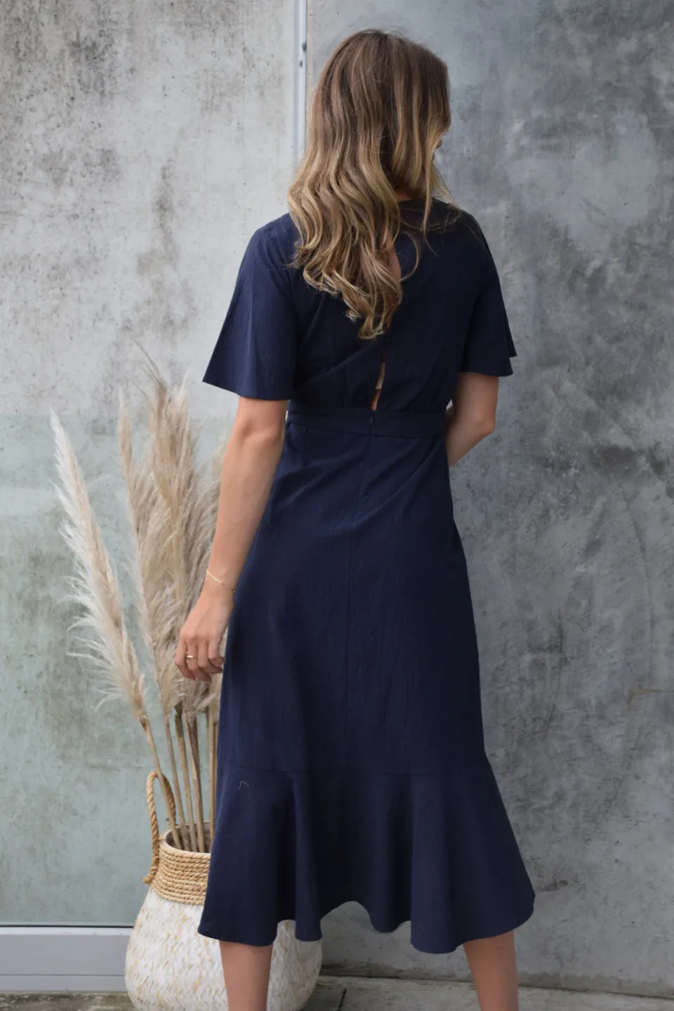 Striking Flutter Sleeve Navy Cross Over Linen Blend Midi Dress