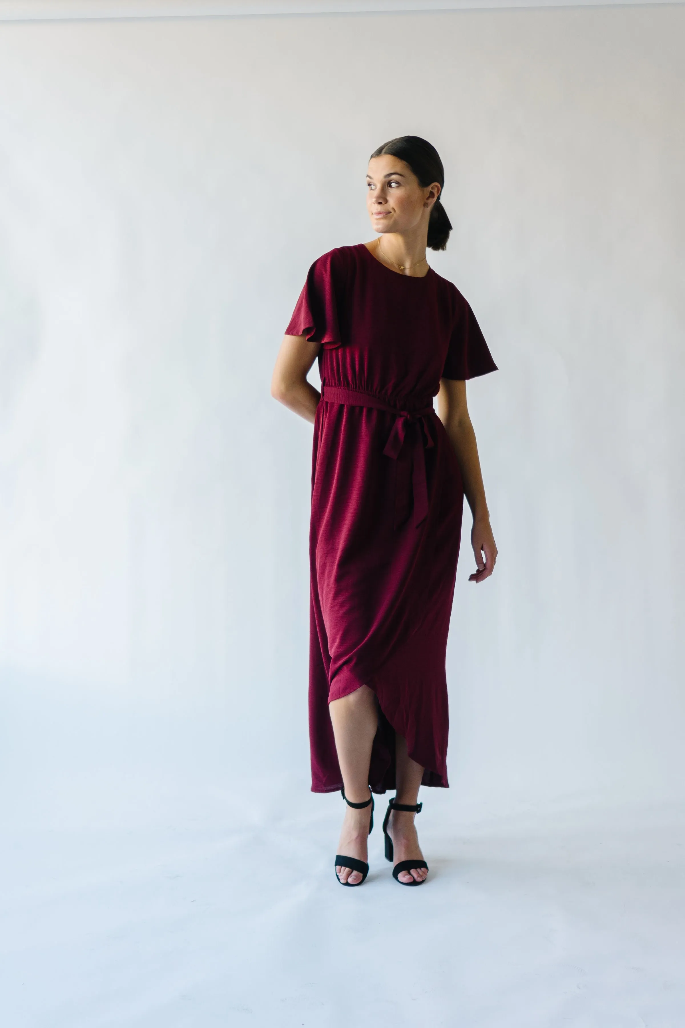 The Dell Woven Wrap Dress in Burgundy