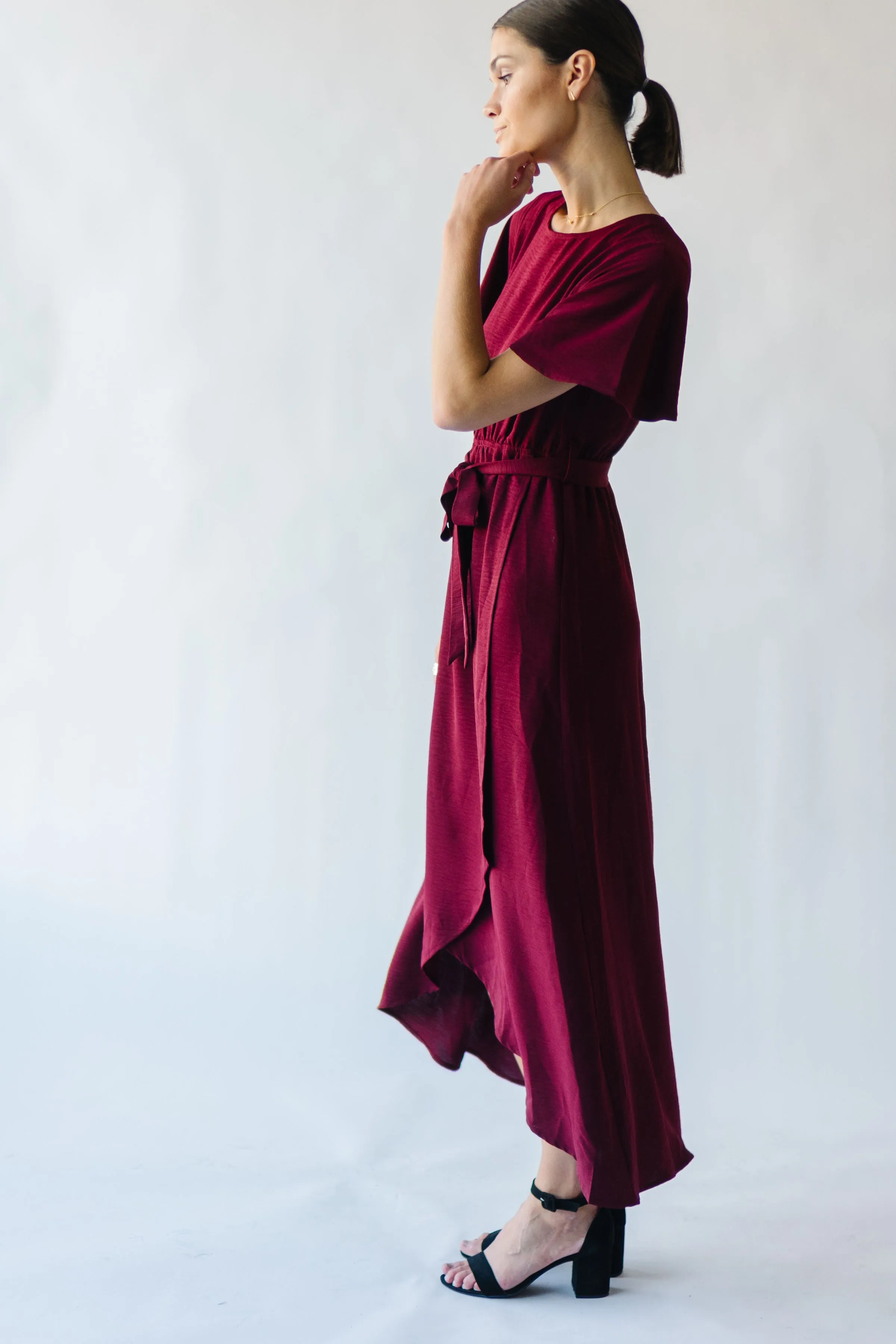 The Dell Woven Wrap Dress in Burgundy