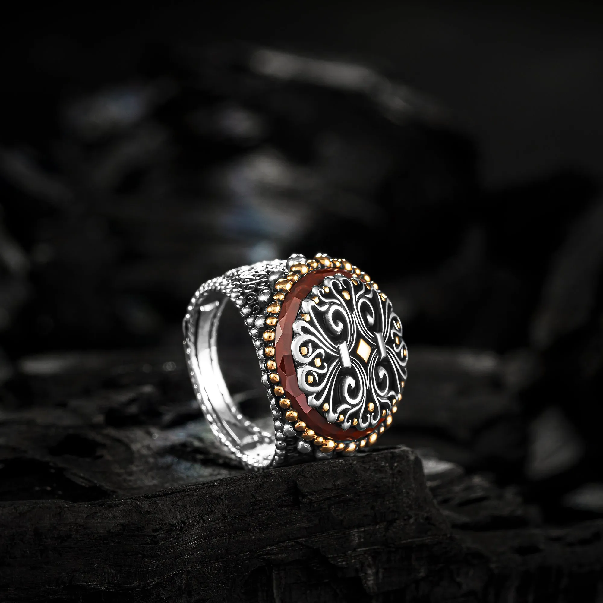 THE RED CHESTED GOSHAWK - Elegant Silver Man Ring with Red Agate Stone