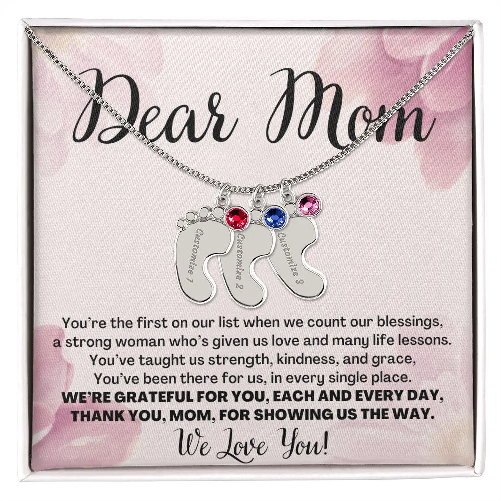 To Mom Gift From Kids, We Love You Custom Baby Feet Necklace with Birthstone